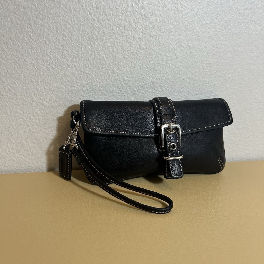 Coach Vintage Black Leather Buckle Wristlet Clutch Silver Buckle W Tag - Picture 9 of 12